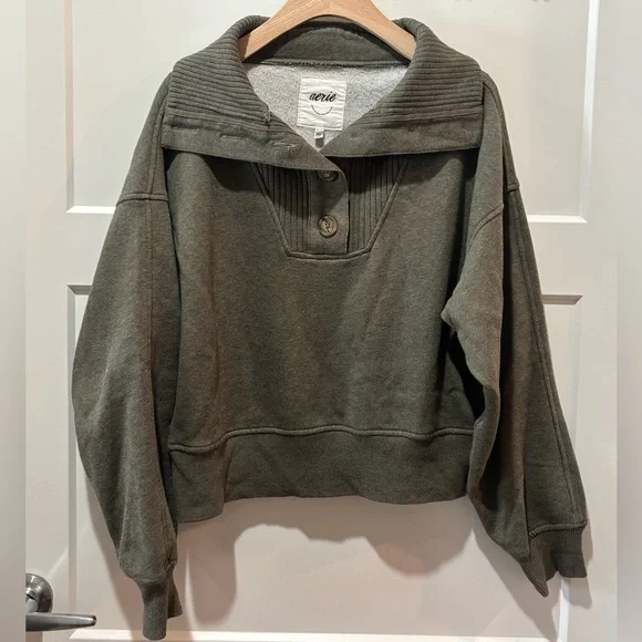 Aerie Best Button Sweatshirt- Olive - Picture 2 of 5